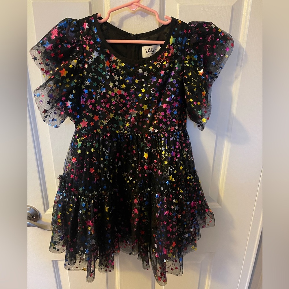 Lola and the boys black rainbow star dress with ruffles. Size 6